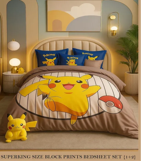 Cotton_Feel_|_Kids_Super_King_Size_|_Pikachu_Block_Print_With_2_Pillow_Covers_|_-_Tiny_Tales