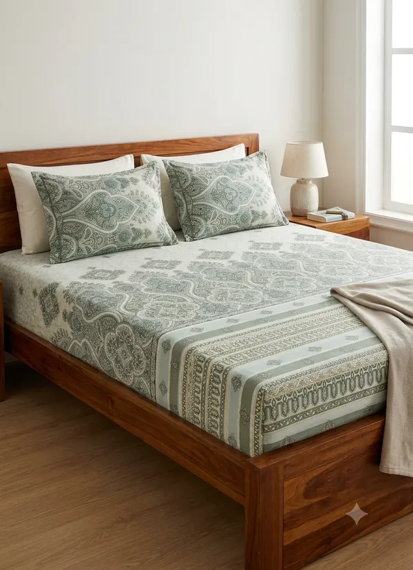 Cotton_|_Super_King_Size_|_Flat_Bedsheet_|_Green_Color_With_2_Pillow_Covers|_-_Utkarsh