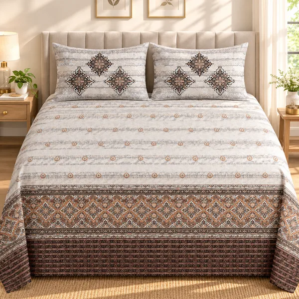 Cotton_|_Super_King_Size_|_Flat_Bedsheet_|_Cream_With_Brown_With_2_Pillow_Covers|_-_Utkrisht