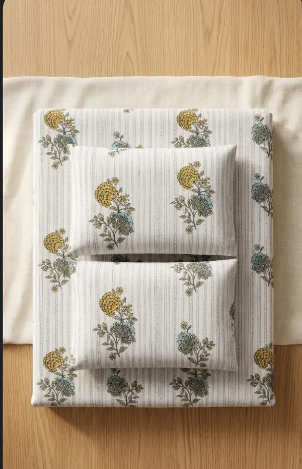 Cotton_|__Super_King_Size_|_Bedsheet_|_Grey_With_Yellow_Flower_Handblock_|_2_Pillow_Covers|_-Star_Loom