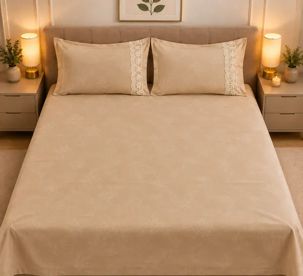 Cotton_|_Super_King_Size_|_Flat_Bedsheet_|_Beige_Print_Design_With_Lace_on_2_Pillow_Covers|_-_Velour
