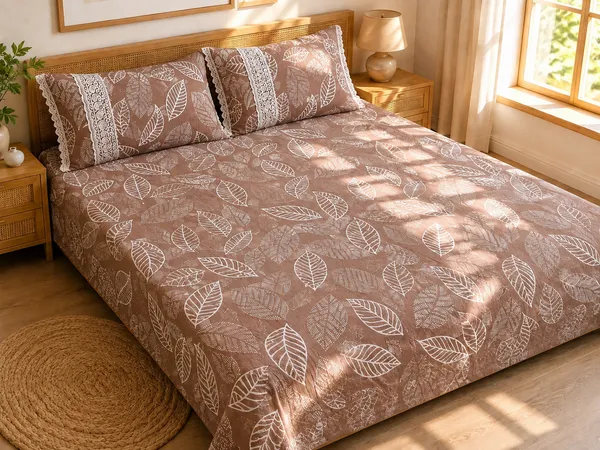 Cotton_|_Super_King_Size_|_Flat_Bedsheet_|_Brown_Print_Design_With_Lace_on_2_Pillow_Covers|_-_Velour