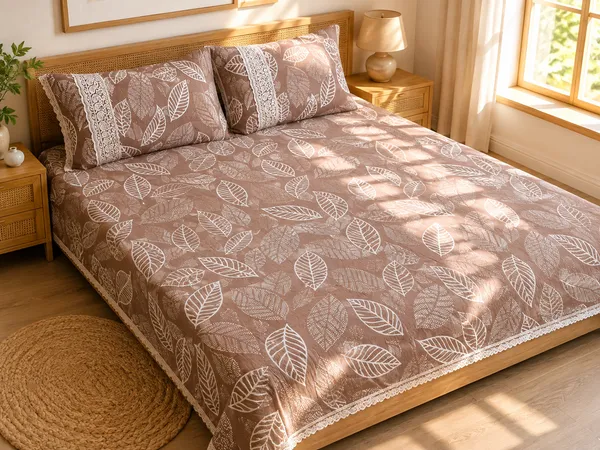 Cotton_|_Super_King_Size_|_Flat_Bedsheet_|_Brown_Print_Design_With_Lace_on_2_Pillow_Covers|_-_Velour