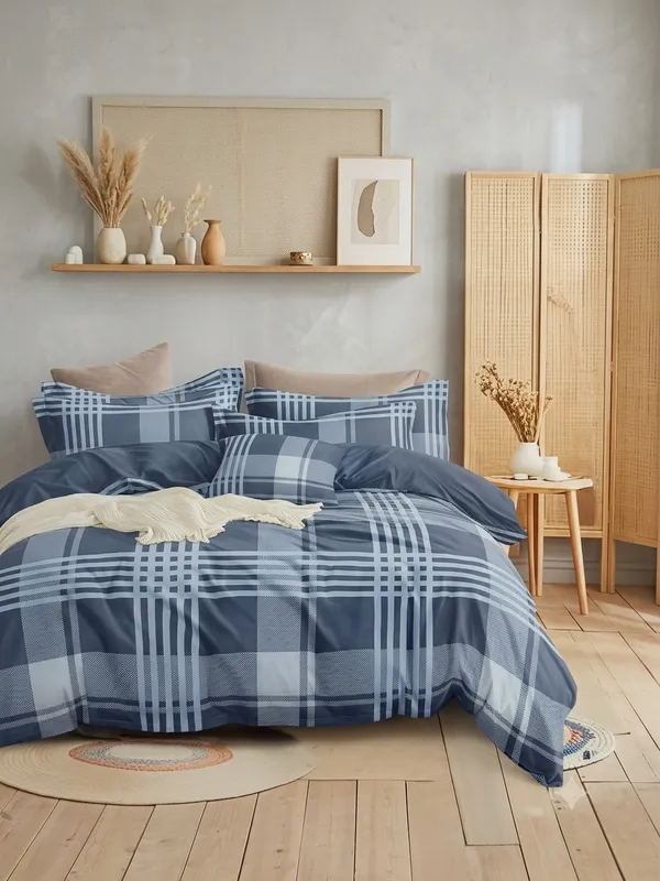 Vyom_-_Blue_Check_Print_Superking_Size_Bedsheet
