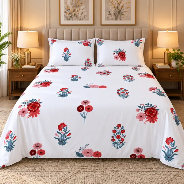 Cotton_|_Super_King_Size_|_Flat_Bedsheet_|_White_With_Red_|_2_Pillow_Covers|_-_Satrang