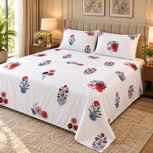 Cotton_|_Super_King_Size_|_Flat_Bedsheet_|_White_With_Red_|_2_Pillow_Covers|_-_Satrang