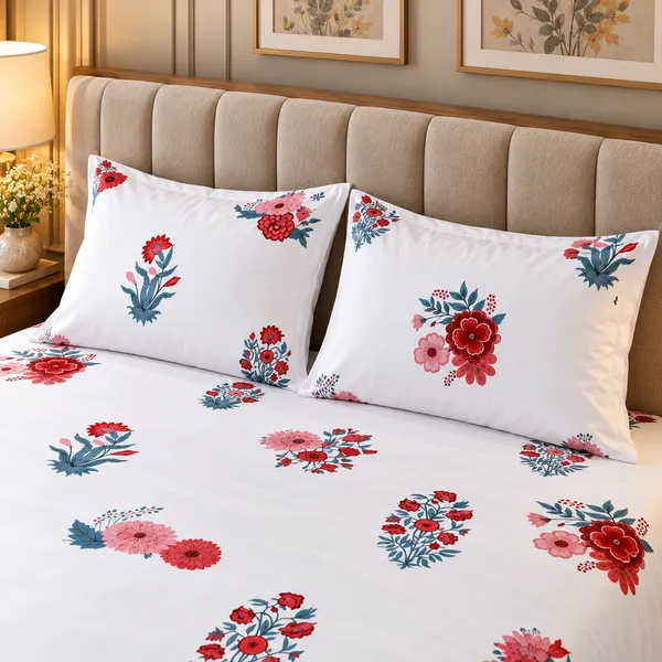 Cotton_|_Super_King_Size_|_Flat_Bedsheet_|_White_With_Red_|_2_Pillow_Covers|_-_Satrang