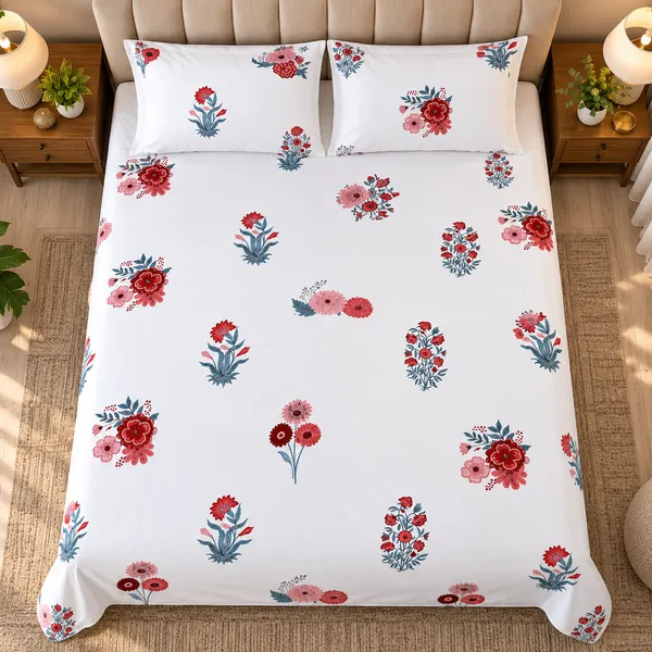 Cotton_|_Super_King_Size_|_Flat_Bedsheet_|_White_With_Red_|_2_Pillow_Covers|_-_Satrang