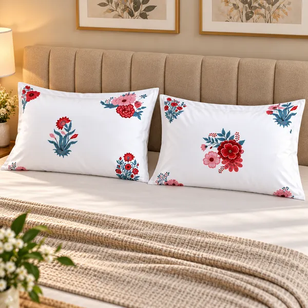 Cotton_|_Super_King_Size_|_Flat_Bedsheet_|_White_With_Red_|_2_Pillow_Covers|_-_Satrang