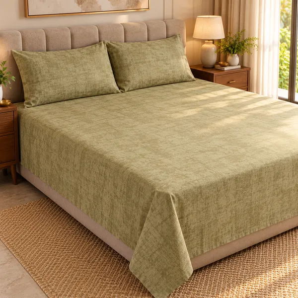 Cotton_|__King_Size_|_Flat_Bedsheet_|_Green_With_Texture_Design_|_2_Pillow_Covers|_-_Luxe_Weave