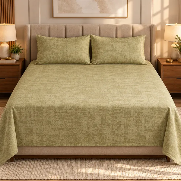 Cotton_|__King_Size_|_Flat_Bedsheet_|_Green_With_Texture_Design_|_2_Pillow_Covers|_-_Luxe_Weave