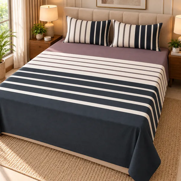 Cotton_|__Super_King_Size_|_Flat_Bedsheet_|_Purple_With_Blue_Design_|_2_Pillow_Covers|_-_Marina
