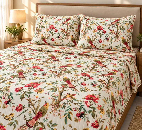 Cotton_|_King_Size_|_Flat_Bedsheet_|_White_With_Multi_Design_|_2_Quilted_Pillow_Covers_|_-_Pushkarni