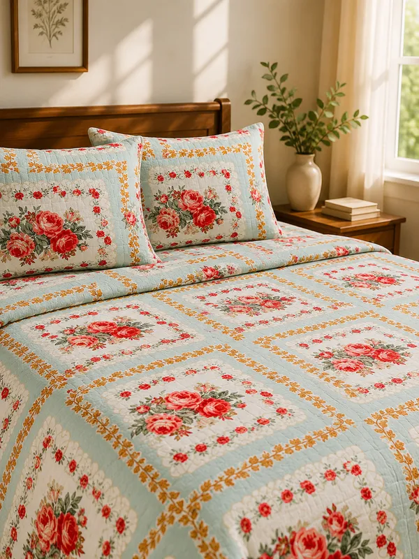 Pushkarni_-_Blue_with_Quilted_Pillow_Cover_King_Cotton_Bedsheet