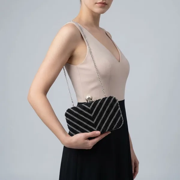 House_Of_Ilahi_Black_Pearl_Beaded_Party_Clutch