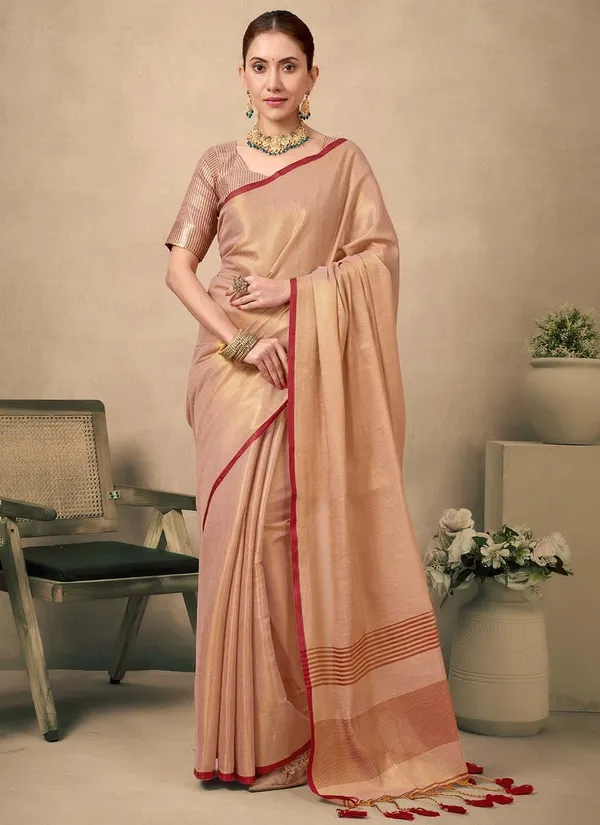 Peach_Silk_Golden_Border_And_Tassels_Saree_With_Blouse_Piece_For_Women