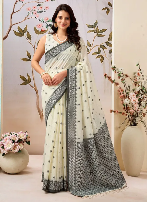 White_Linen_Contrast_Border_Saree_With_Blouse_Piece_For_Women