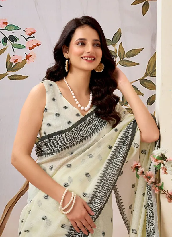 White_Linen_Contrast_Border_Saree_With_Blouse_Piece_For_Women