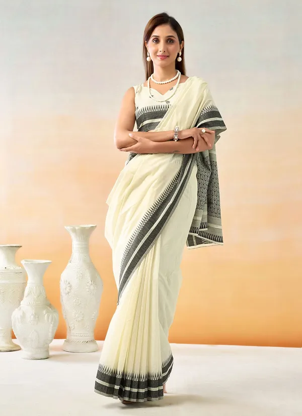 White_Chanderi_Temple_Border_Saree_With_Blouse_Piece_For_Women