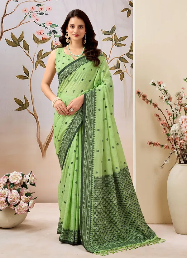 Green_Linen_Contrast_Border_Saree_With_Blouse_Piece_For_Women