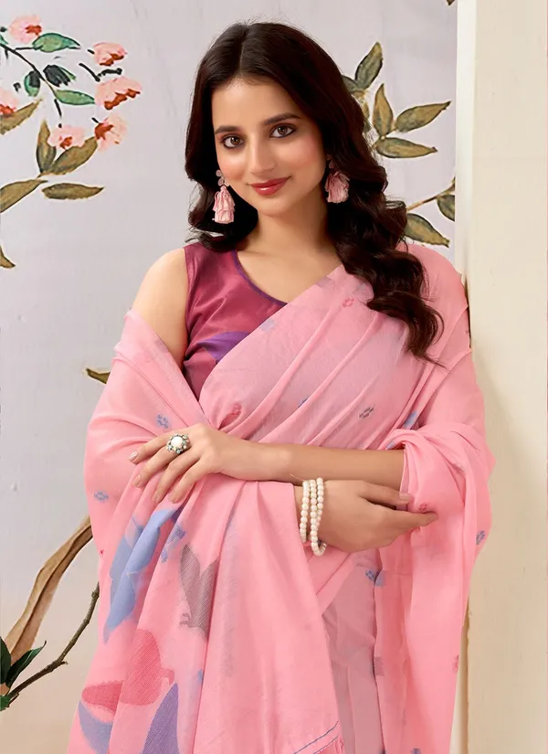 Pink_Linen_Floral_Motifs_And_Contrast_Blouse_Saree_With_Blouse_Piece_For_Women
