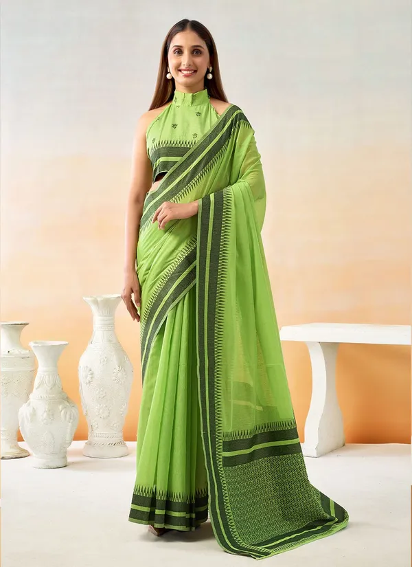 Light_Green_Chanderi_Temple_Border_Saree_With_Blouse_Piece_For_Women