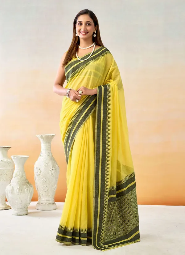 Yellow_Chanderi_Temple_Border_Saree_With_Blouse_Piece_For_Women