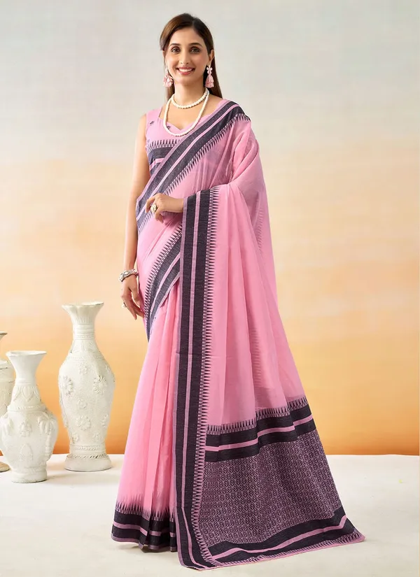 Pink_Chanderi_Temple_Border_Saree_With_Blouse_Piece_For_Women
