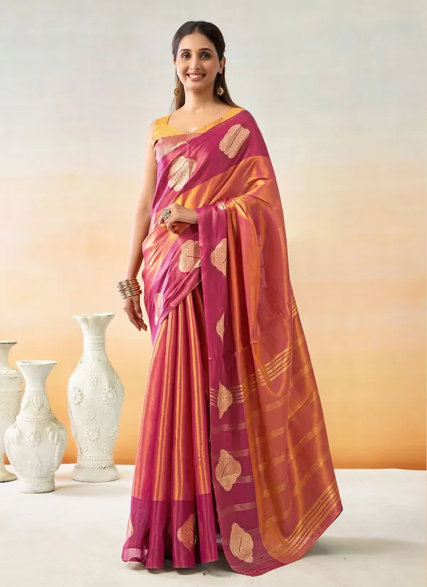 Pink_Banarasi_Silk_Golden_Zari_Butta_Border_Saree_With_Blouse_Piece_For_Women