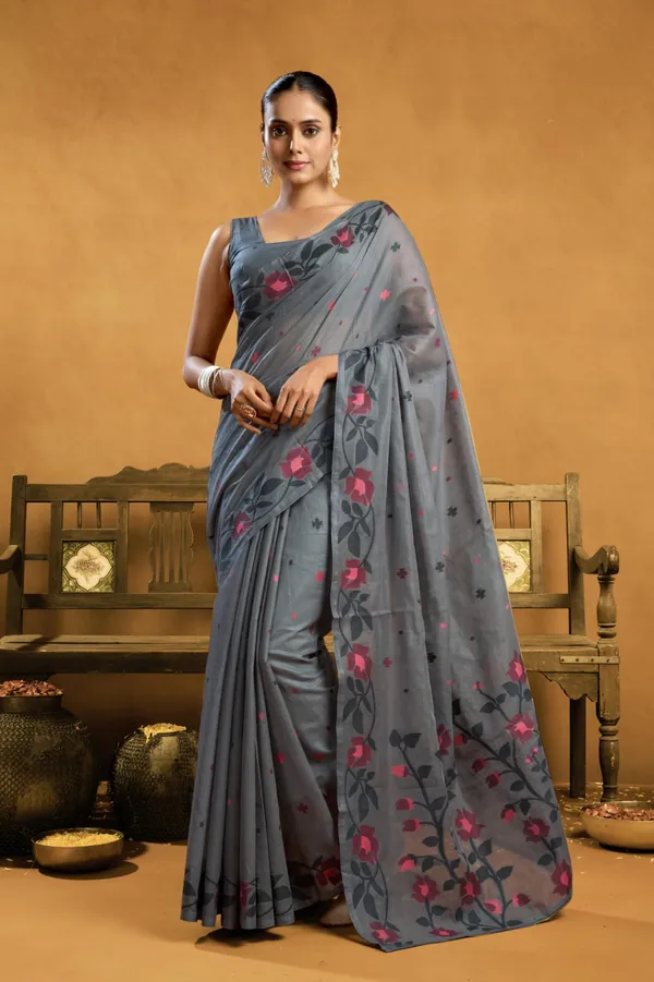 Grey_Banarasi_Silk_Floral_Printed_Saree_With_Blouse_Piece_For_Women