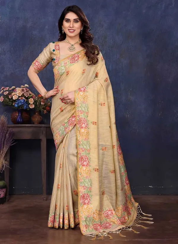 Light_Yellow_Silk_Embroidered_Floral_Saree_With_Blouse_Piece_For_Women