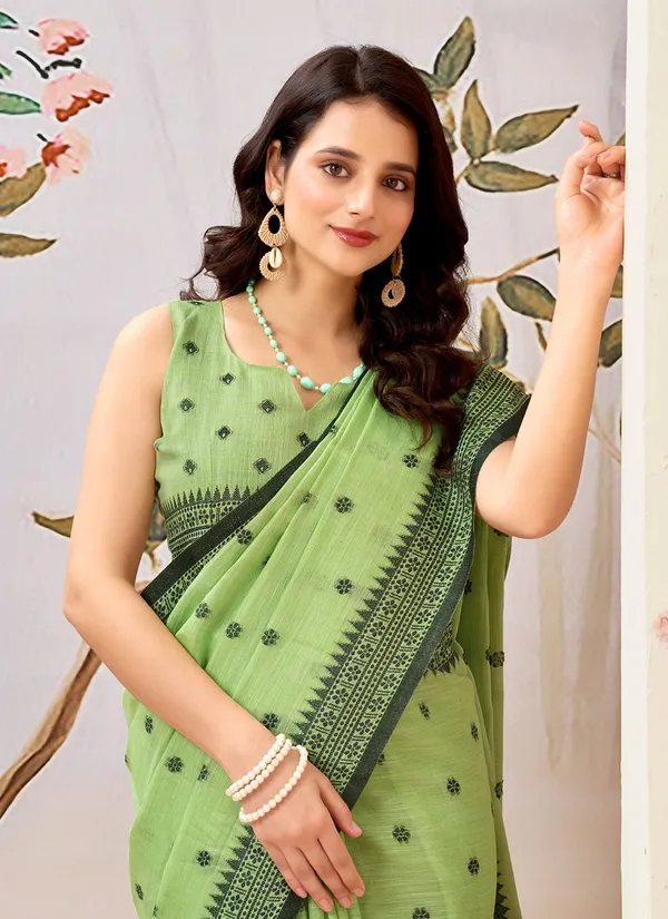 Green_Linen_Contrast_Border_Saree_With_Blouse_Piece_For_Women