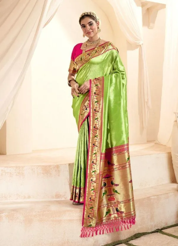 Parrot_Green_Silk_Paithani_Border_And_Woven_Peacock_Motifs_Saree_With_Blouse_Piece_For_Women