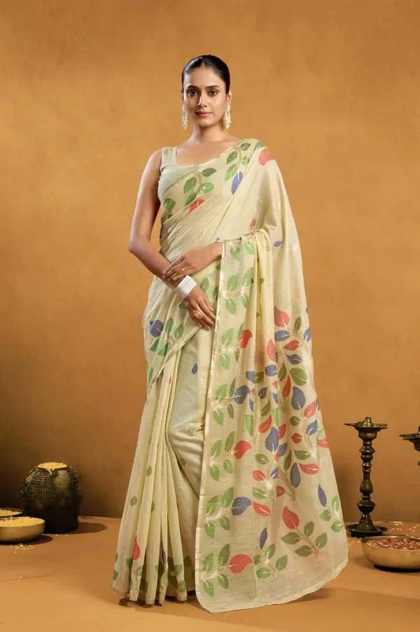 Yellow_Chiffon_Floral_Print_Saree_With_Blouse_Piece_For_Women