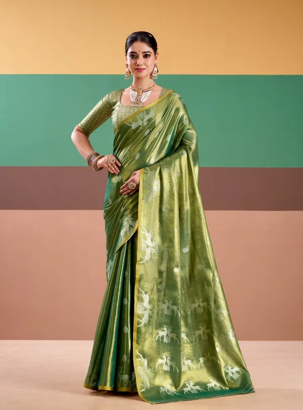 Moss_Green_Banarasi_Silk_Saree_With_Blouse_Piece_For_Women