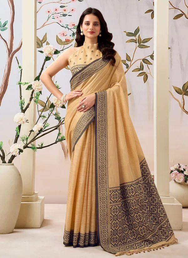 Orange_Linen_Printed_Border_Saree_With_Blouse_Piece_For_Women