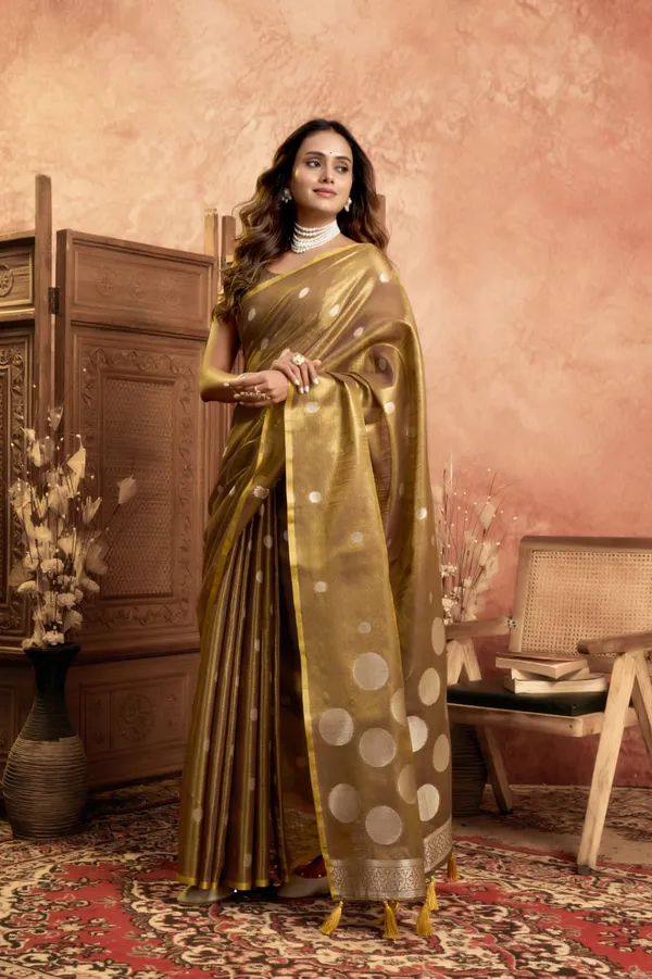 Henna_Green_Banarasi_Silk_Silver_Zari_Buti_Work_Saree_With_Blouse_Piece_For_Women