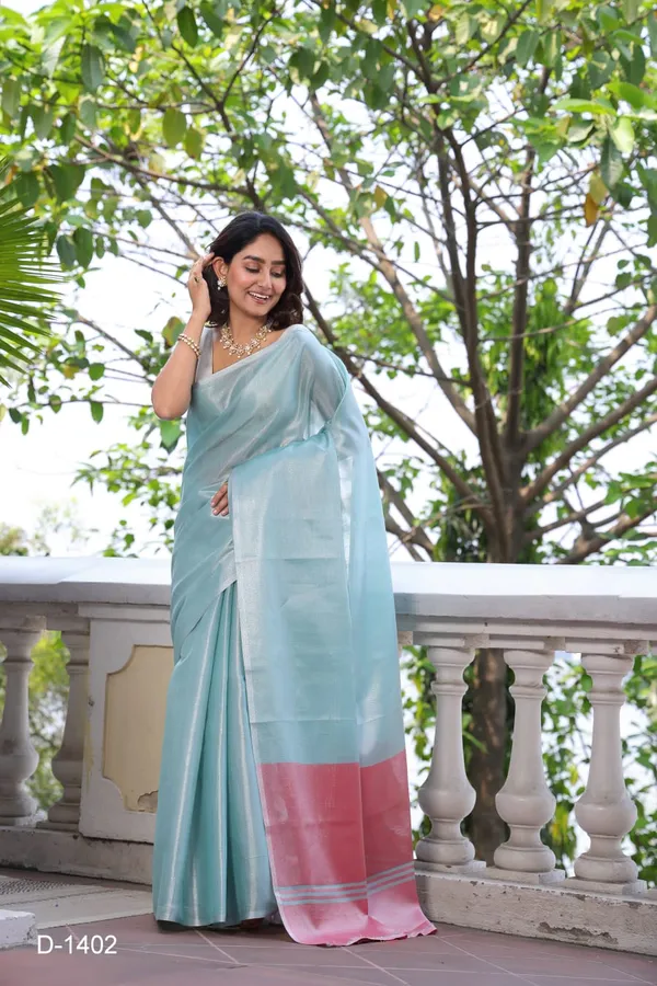 Sky_Blue_Pure_Tissue_Silk_Contrast_Border_Saree_With_Blouse_Piece_For_Women
