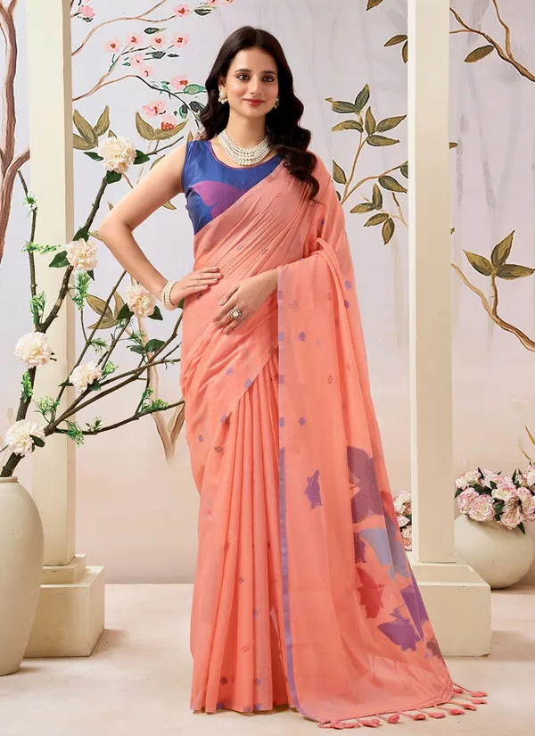 Orange_Linen_Floral_Motifs_And_Contrast_Blouse_Saree_With_Blouse_Piece_For_Women