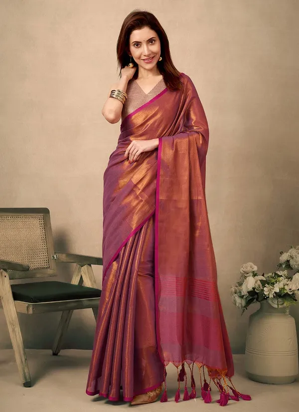 Pink_Silk_Golden_Border_And_Tassels_Saree_With_Blouse_Piece_For_Women
