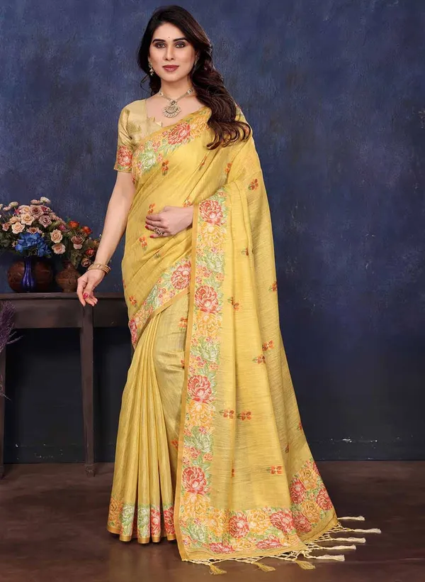 Yellow_Silk_Embroidered_Floral_Saree_With_Blouse_Piece_For_Women