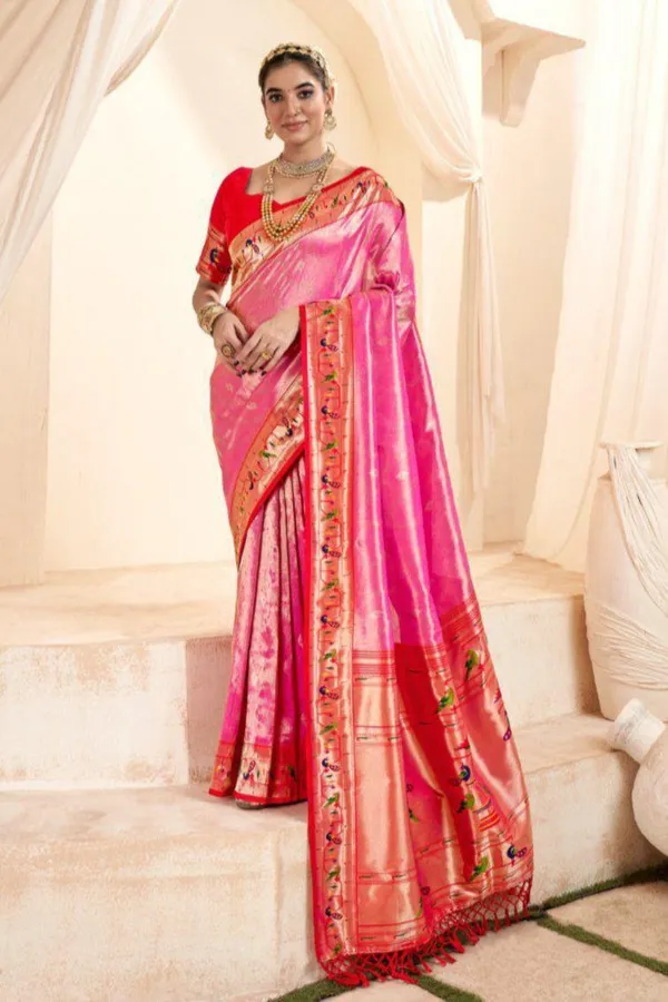 Pink_Silk_Paithani_Border_And_Woven_Peacock_Motifs_Saree_With_Blouse_Piece_For_Women