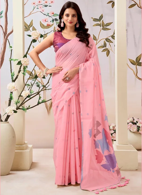 Pink_Linen_Floral_Motifs_And_Contrast_Blouse_Saree_With_Blouse_Piece_For_Women