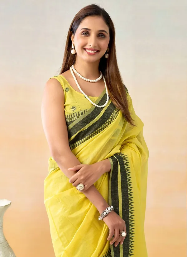 Yellow_Chanderi_Temple_Border_Saree_With_Blouse_Piece_For_Women