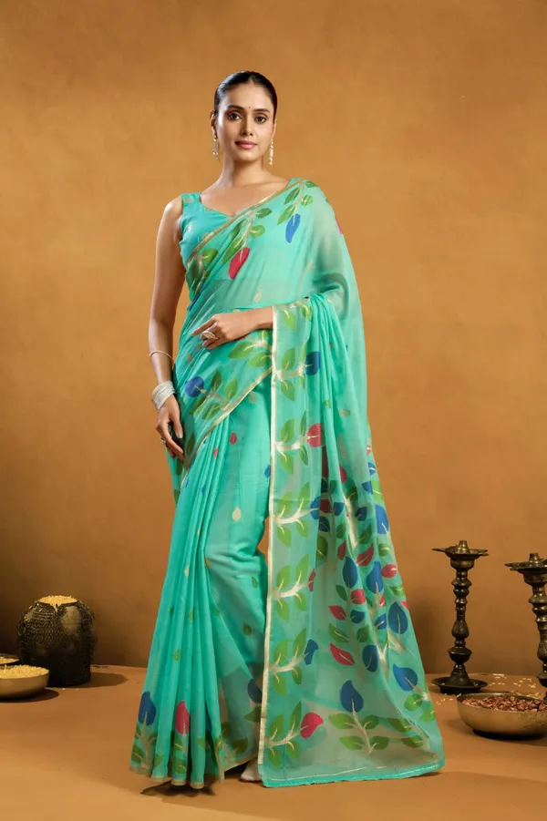 Green_Chiffon_Floral_Print_Saree_With_Blouse_Piece_For_Women
