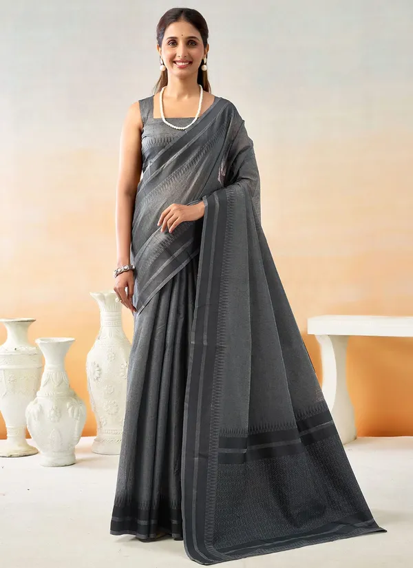 Grey_Chanderi_Temple_Border_Saree_With_Blouse_Piece_For_Women