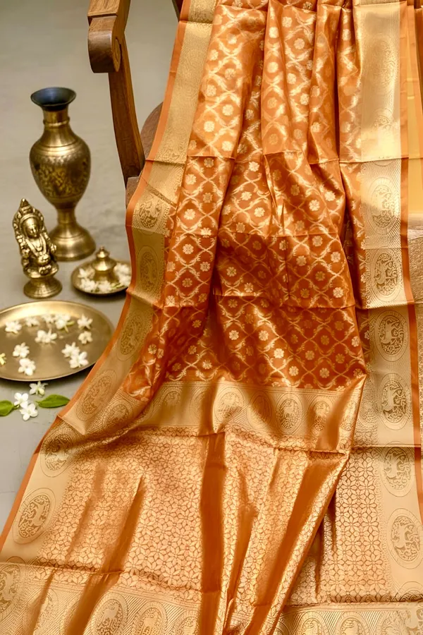 Orange_Banarasi_Silk_Intricate_Weaving_And_Zari_Work_Saree_With_Blouse_Piece_For_Women