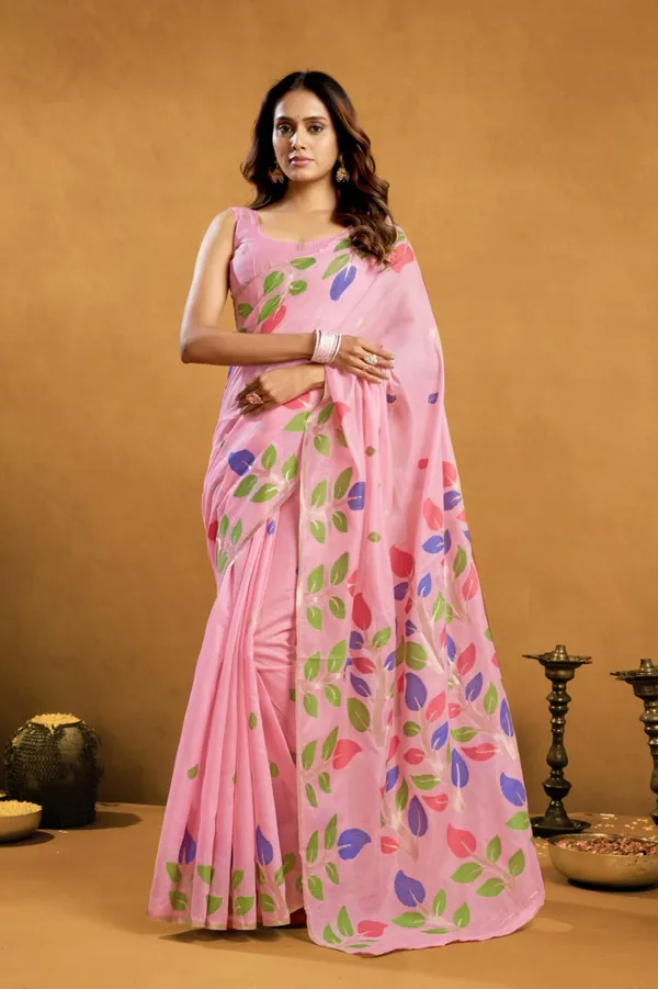 Pink_Chiffon_Floral_Print_Saree_With_Blouse_Piece_For_Women