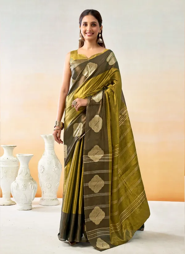 Olive_Green_Banarasi_Silk_Golden_Zari_Butta_Border_Saree_With_Blouse_Piece_For_Women