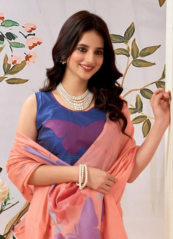 Orange_Linen_Floral_Motifs_And_Contrast_Blouse_Saree_With_Blouse_Piece_For_Women